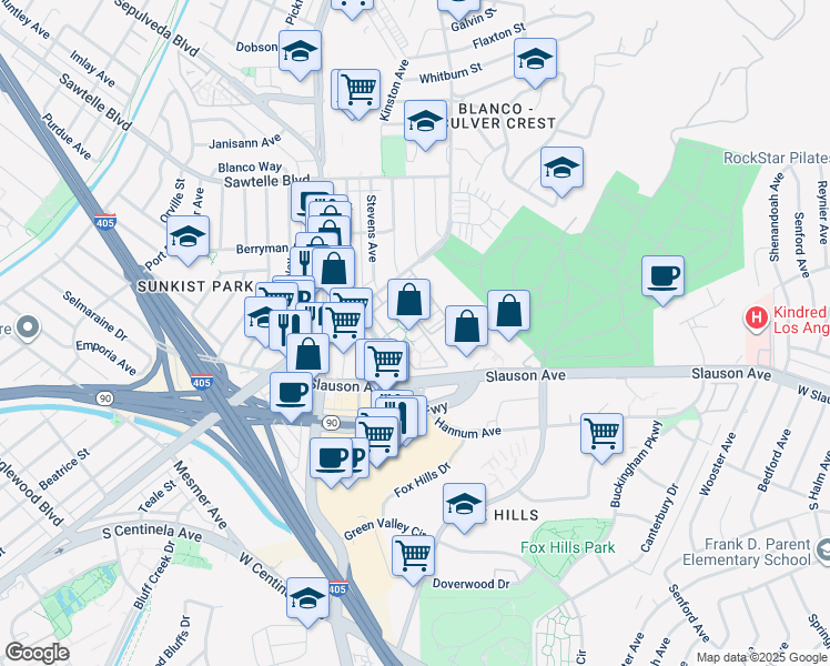 map of restaurants, bars, coffee shops, grocery stores, and more near 6913 Hannum Avenue in Culver City