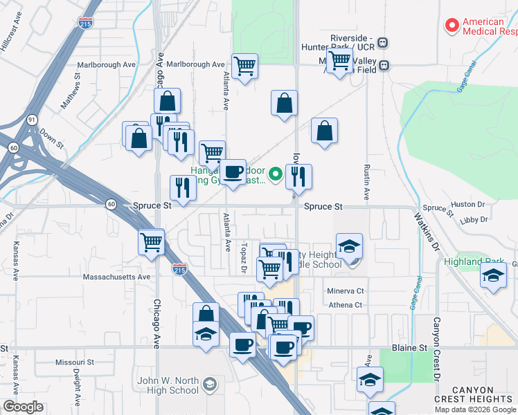 map of restaurants, bars, coffee shops, grocery stores, and more near 1419 Clemson Way in Riverside