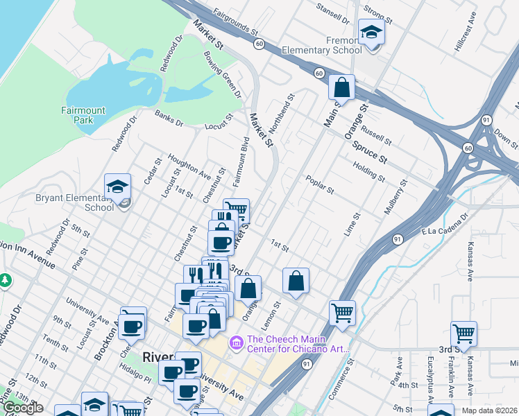 map of restaurants, bars, coffee shops, grocery stores, and more near 3015 Market Street in Riverside