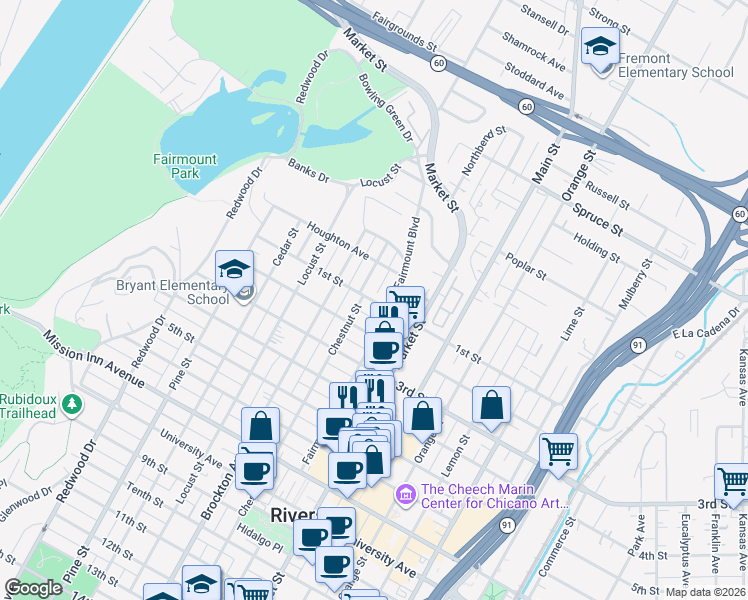 map of restaurants, bars, coffee shops, grocery stores, and more near 3990 1st Street in Riverside