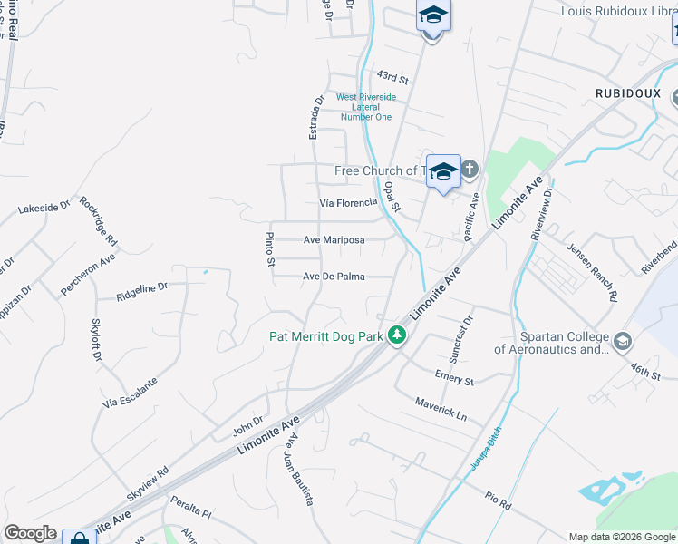 map of restaurants, bars, coffee shops, grocery stores, and more near 5430 Avenue Juan Bautista in Riverside