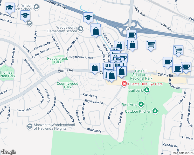 map of restaurants, bars, coffee shops, grocery stores, and more near 17016 Colima Road in Hacienda Heights