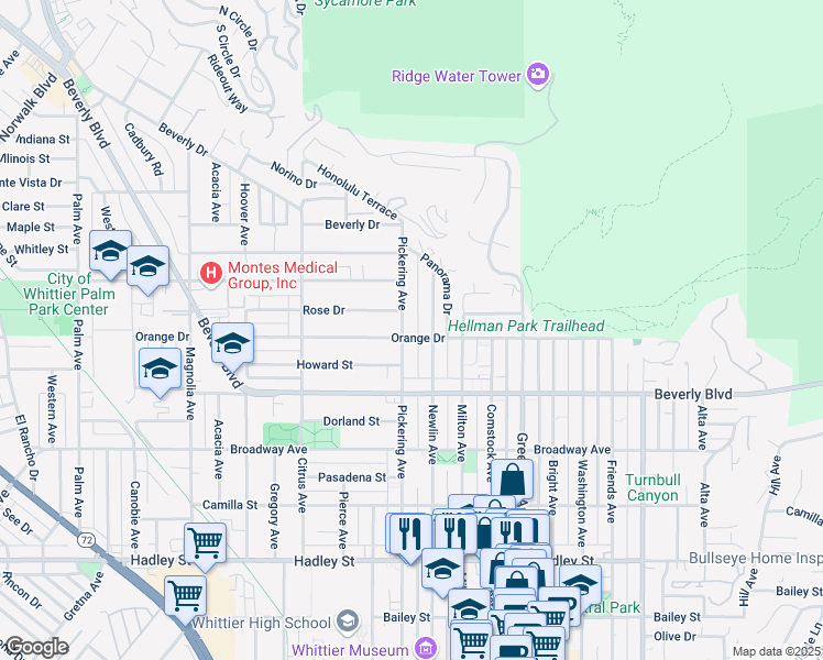 map of restaurants, bars, coffee shops, grocery stores, and more near 12625 Orange Drive in Whittier