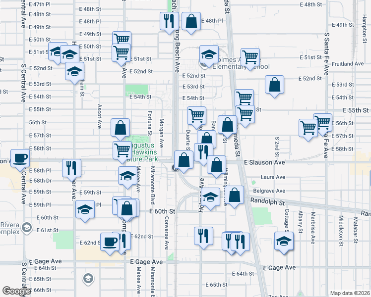 map of restaurants, bars, coffee shops, grocery stores, and more near 5742 Duarte Street in Vernon
