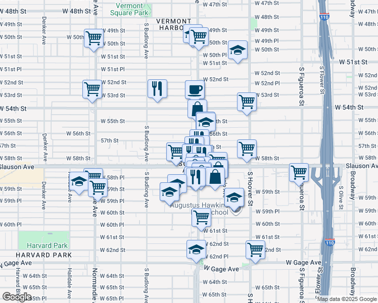 map of restaurants, bars, coffee shops, grocery stores, and more near 1039 West 58th Street in Los Angeles