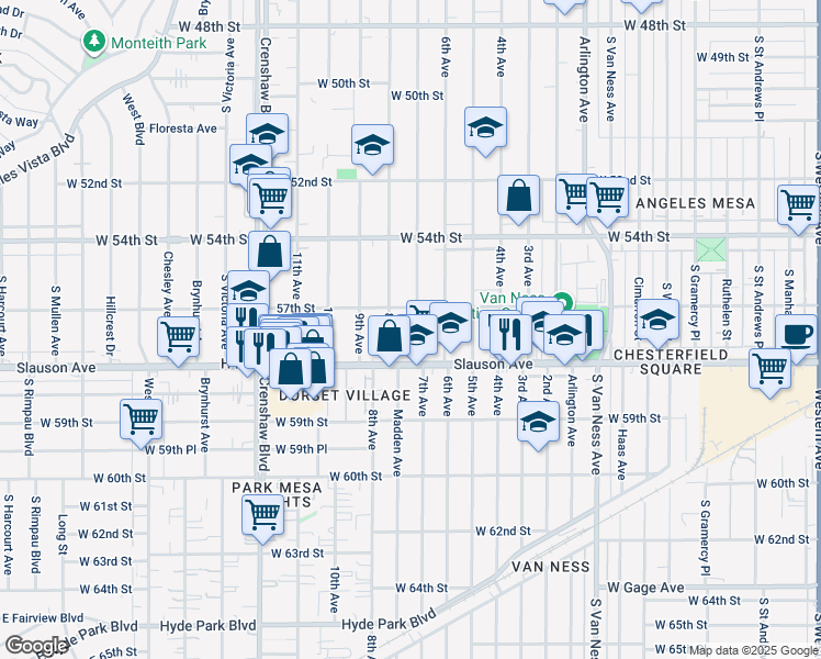 map of restaurants, bars, coffee shops, grocery stores, and more near 5730 7th Avenue in Los Angeles