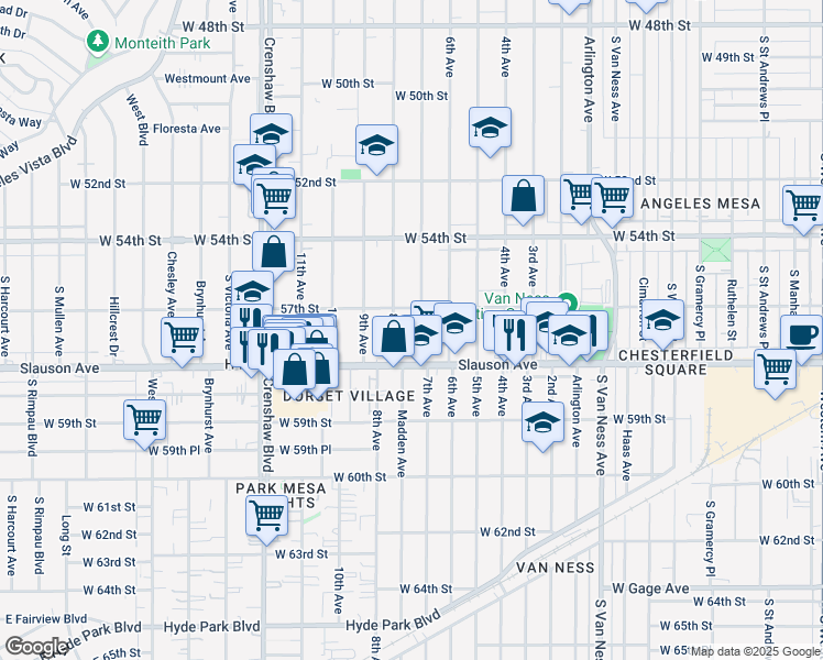 map of restaurants, bars, coffee shops, grocery stores, and more near 5730 7th Avenue in Los Angeles