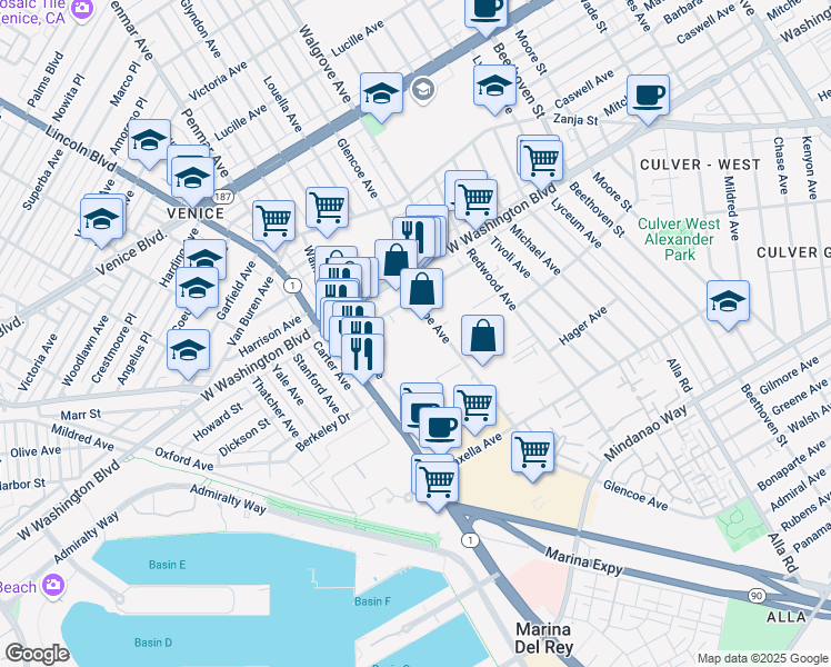 map of restaurants, bars, coffee shops, grocery stores, and more near 4056 Del Rey Avenue in Marina del Rey