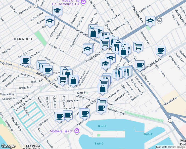map of restaurants, bars, coffee shops, grocery stores, and more near 723 Angelus Place in Los Angeles