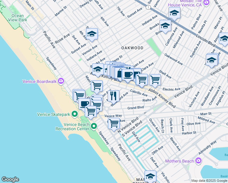 map of restaurants, bars, coffee shops, grocery stores, and more near 1314 Riviera Avenue in Los Angeles