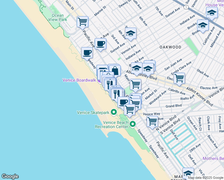 map of restaurants, bars, coffee shops, grocery stores, and more near 1007 Ocean Front Walk in Los Angeles