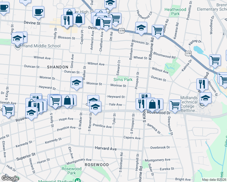 map of restaurants, bars, coffee shops, grocery stores, and more near 110 Edward Court in Columbia