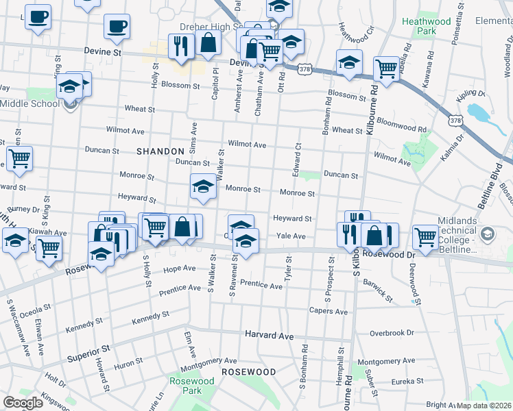 map of restaurants, bars, coffee shops, grocery stores, and more near 185 Ravenel Street in Columbia