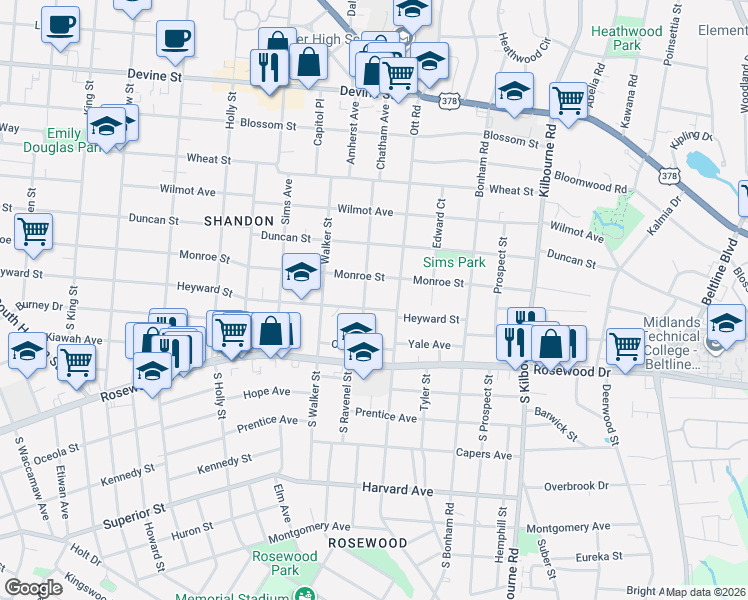 map of restaurants, bars, coffee shops, grocery stores, and more near 185 Ravenel Street in Columbia