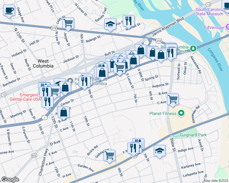 map of restaurants, bars, coffee shops, grocery stores, and more near 766 Augusta Street in West Columbia
