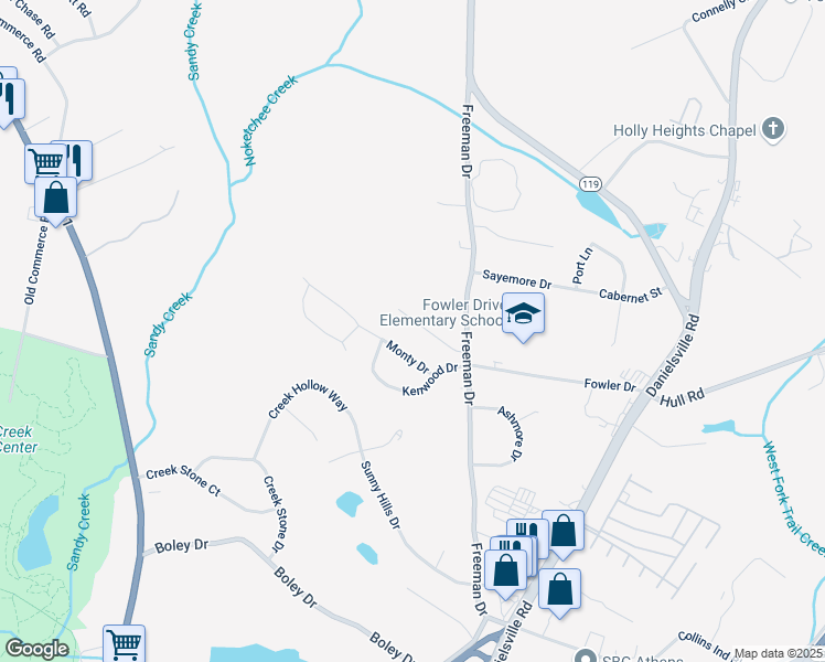 map of restaurants, bars, coffee shops, grocery stores, and more near 190 Monty Drive in Athens