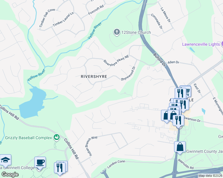 map of restaurants, bars, coffee shops, grocery stores, and more near 315 Lochwood Trail Southeast in Lawrenceville