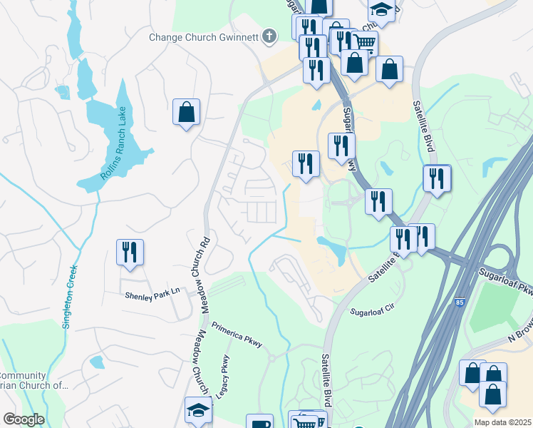 map of restaurants, bars, coffee shops, grocery stores, and more near 2093 Meadow Peak Road in Duluth
