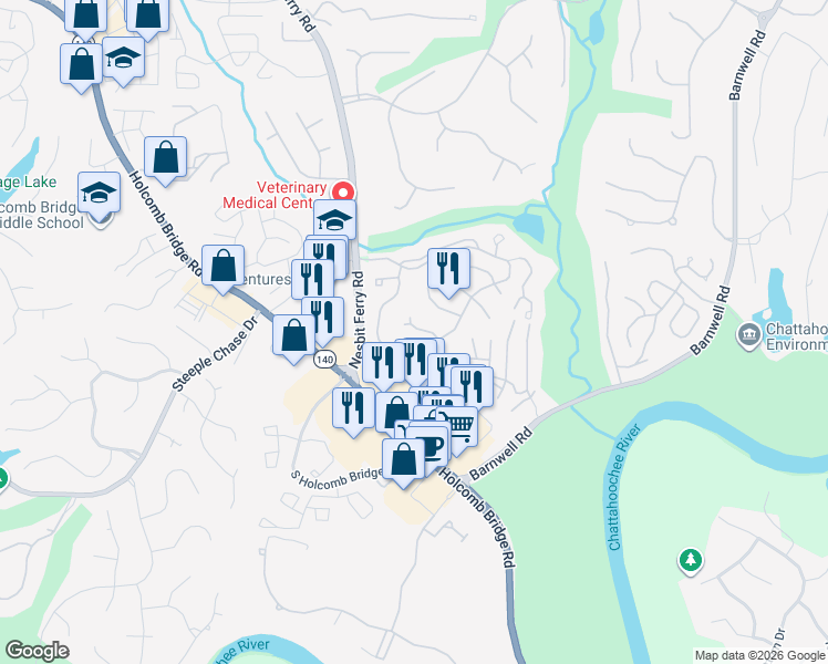 map of restaurants, bars, coffee shops, grocery stores, and more near 340 Parsons Branch in Alpharetta