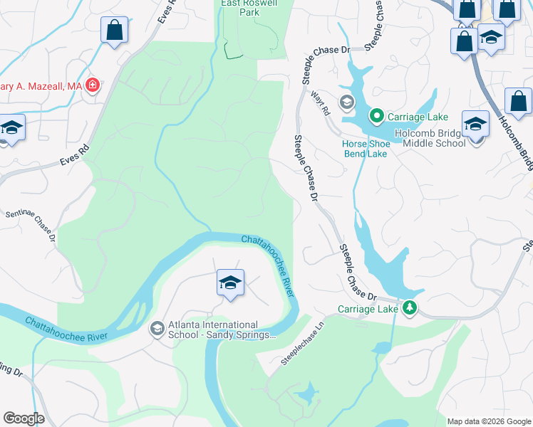map of restaurants, bars, coffee shops, grocery stores, and more near 8705 River Bluff Lane in Roswell