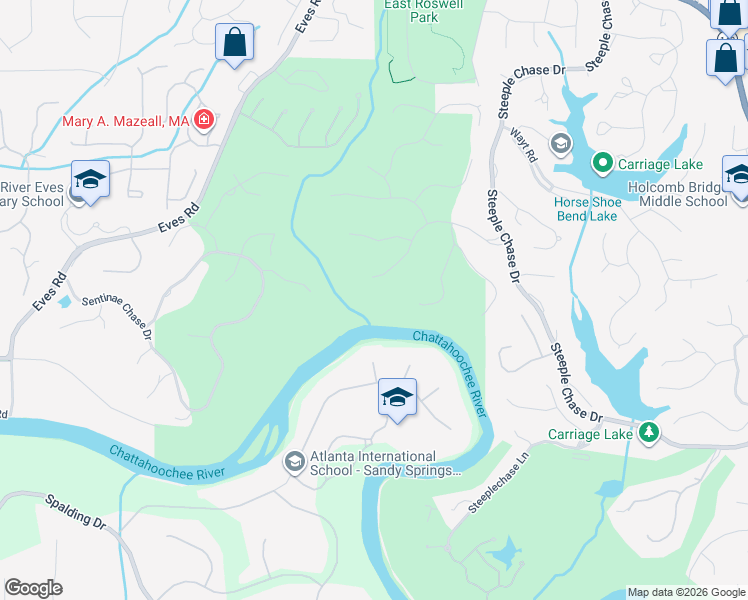 map of restaurants, bars, coffee shops, grocery stores, and more near 2135 River Cliff Drive in Roswell