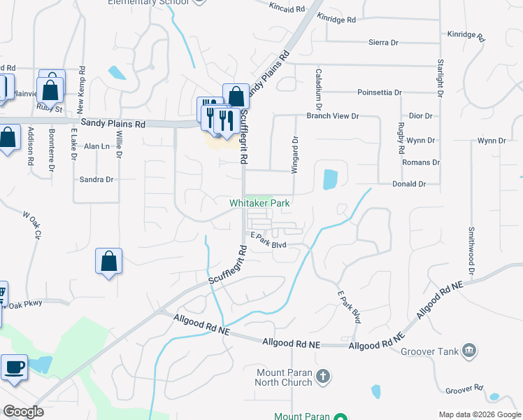 map of restaurants, bars, coffee shops, grocery stores, and more near 1659 Morningside Trce in Marietta