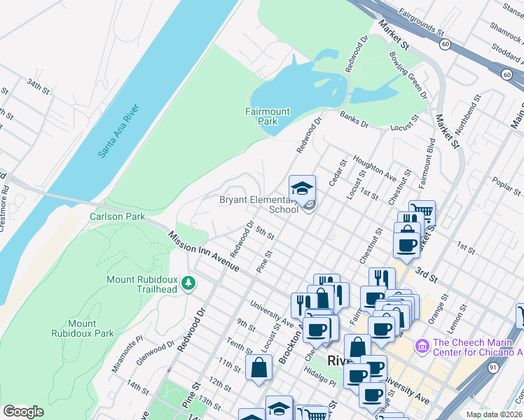 map of restaurants, bars, coffee shops, grocery stores, and more near 4478 4th Street in Riverside
