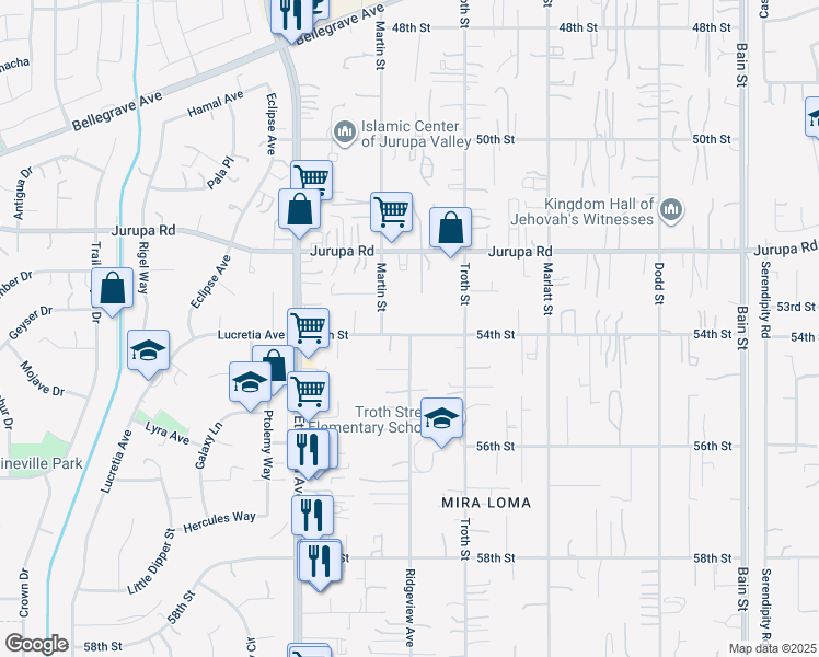 map of restaurants, bars, coffee shops, grocery stores, and more near 10733 54th Street in Jurupa Valley
