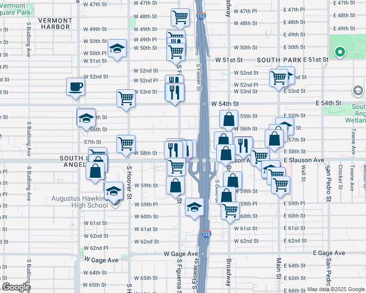 map of restaurants, bars, coffee shops, grocery stores, and more near 5716 South Figueroa Street in Los Angeles