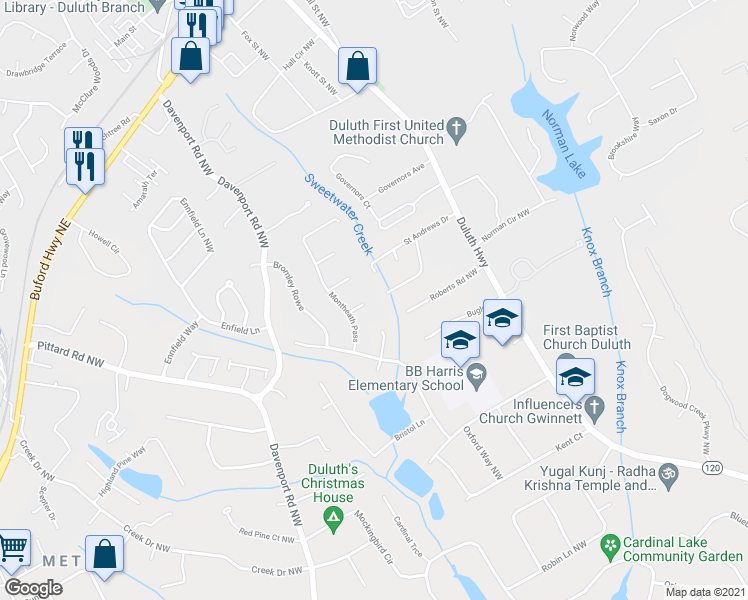 map of restaurants, bars, coffee shops, grocery stores, and more near 3200 Montheath Ct in Duluth