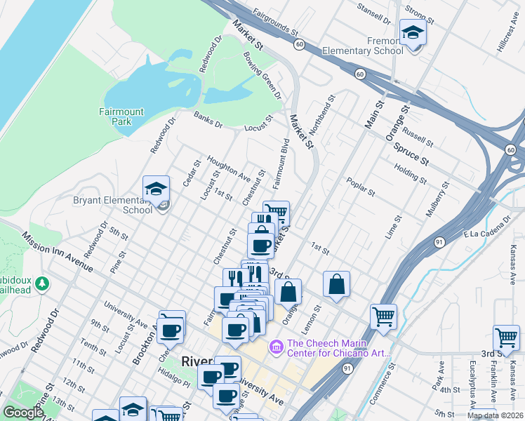 map of restaurants, bars, coffee shops, grocery stores, and more near 3881 1st Street in Riverside