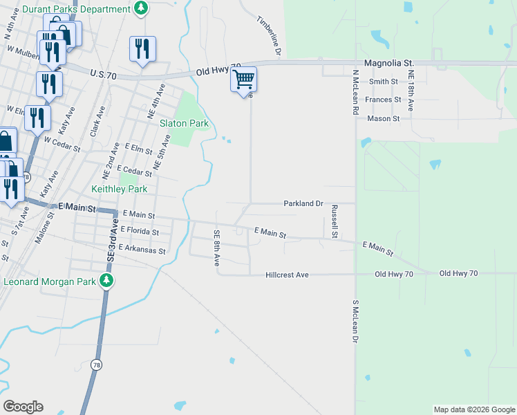 map of restaurants, bars, coffee shops, grocery stores, and more near 904 East Evergreen Street in Durant