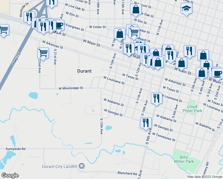 map of restaurants, bars, coffee shops, grocery stores, and more near 425 South 14th Avenue in Durant