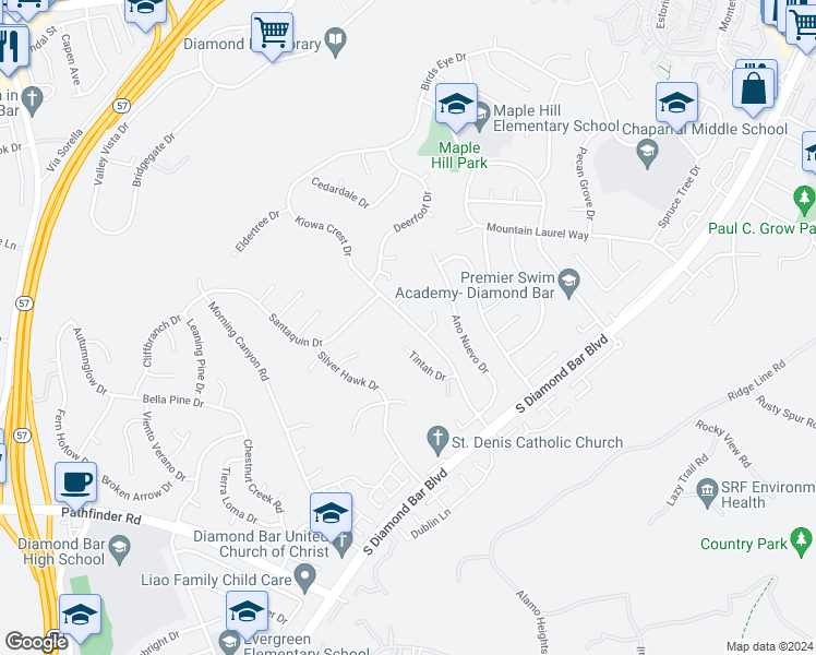 map of restaurants, bars, coffee shops, grocery stores, and more near 1711 Kiowa Crest Drive in Diamond Bar