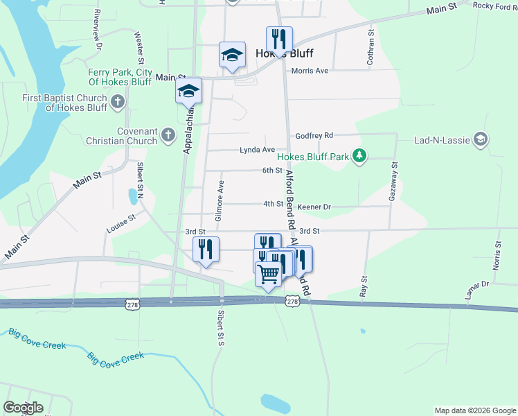 map of restaurants, bars, coffee shops, grocery stores, and more near 5502 4th Street in Gadsden