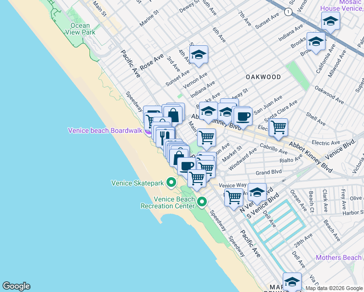 map of restaurants, bars, coffee shops, grocery stores, and more near 46 Wavecrest Avenue in Los Angeles