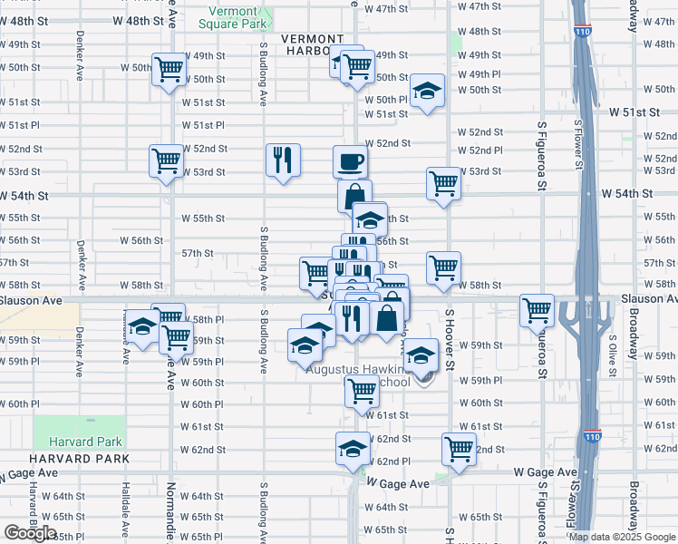 map of restaurants, bars, coffee shops, grocery stores, and more near 1039 West 58th Street in Los Angeles
