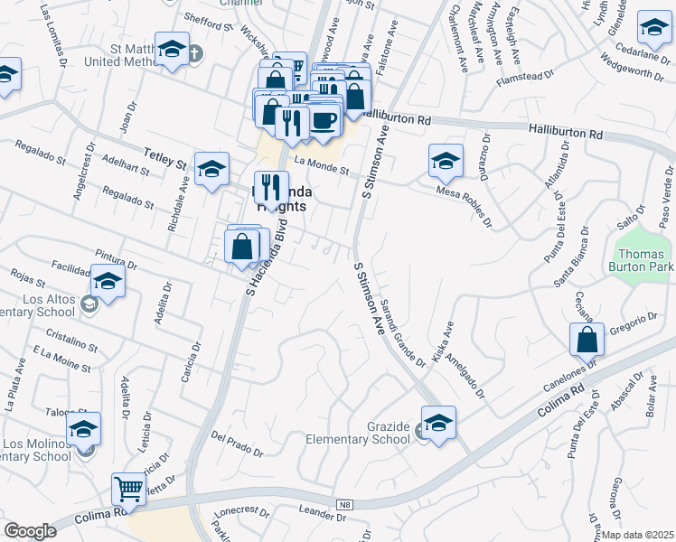 map of restaurants, bars, coffee shops, grocery stores, and more near 2505 Teresina Drive in Hacienda Heights