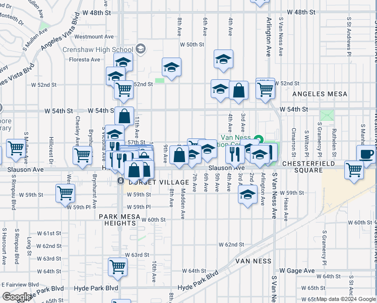 map of restaurants, bars, coffee shops, grocery stores, and more near 5721 7th Avenue in Los Angeles