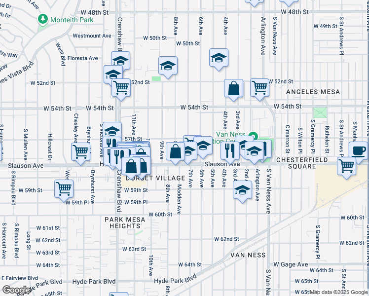 map of restaurants, bars, coffee shops, grocery stores, and more near 5721 7th Avenue in Los Angeles