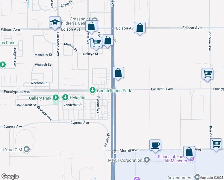 map of restaurants, bars, coffee shops, grocery stores, and more near Euclid Avenue & Eucalyptus Avenue in Chino