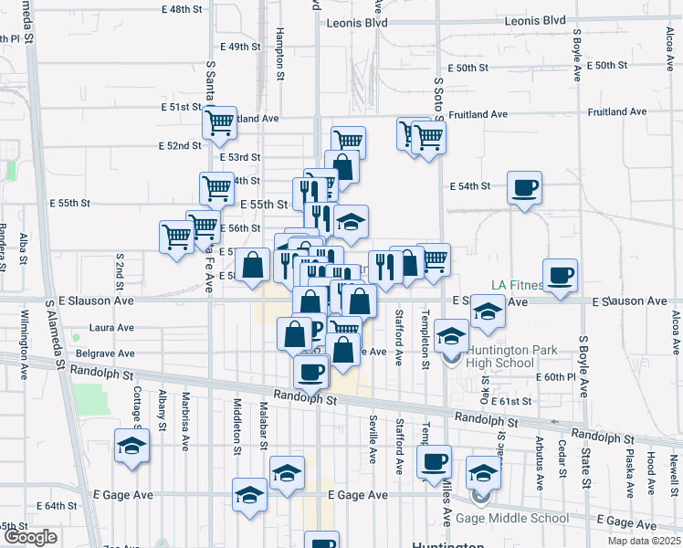map of restaurants, bars, coffee shops, grocery stores, and more near 2601 East 58th Street in Huntington Park