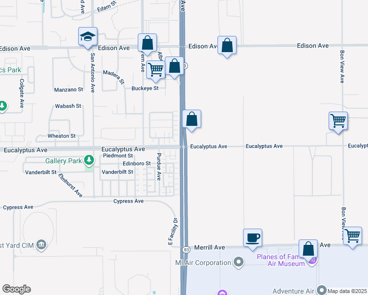 map of restaurants, bars, coffee shops, grocery stores, and more near Euclid Ave & Eucalyptus Ave in Chino