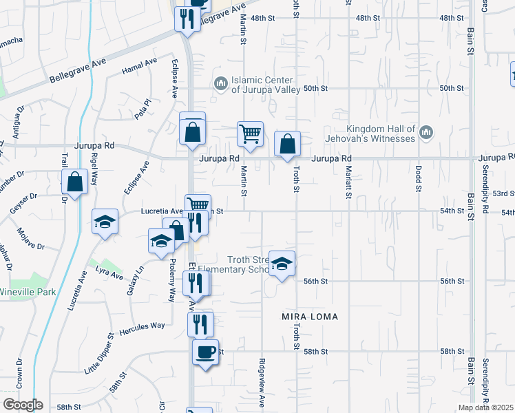 map of restaurants, bars, coffee shops, grocery stores, and more near 10733 54th Street in Jurupa Valley