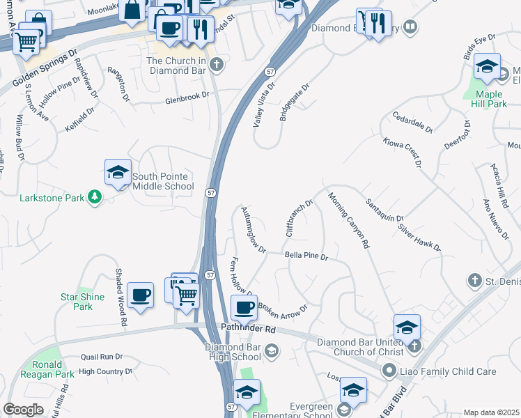map of restaurants, bars, coffee shops, grocery stores, and more near 21315 Pinehill Lane in Diamond Bar