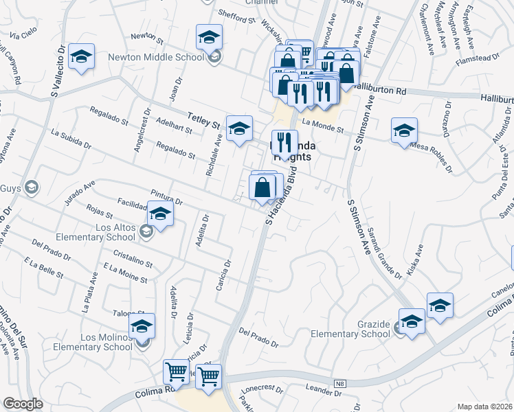 map of restaurants, bars, coffee shops, grocery stores, and more near 2401 South Hacienda Boulevard in Hacienda Heights