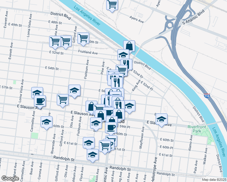 map of restaurants, bars, coffee shops, grocery stores, and more near 4502 East 56th Street in Maywood