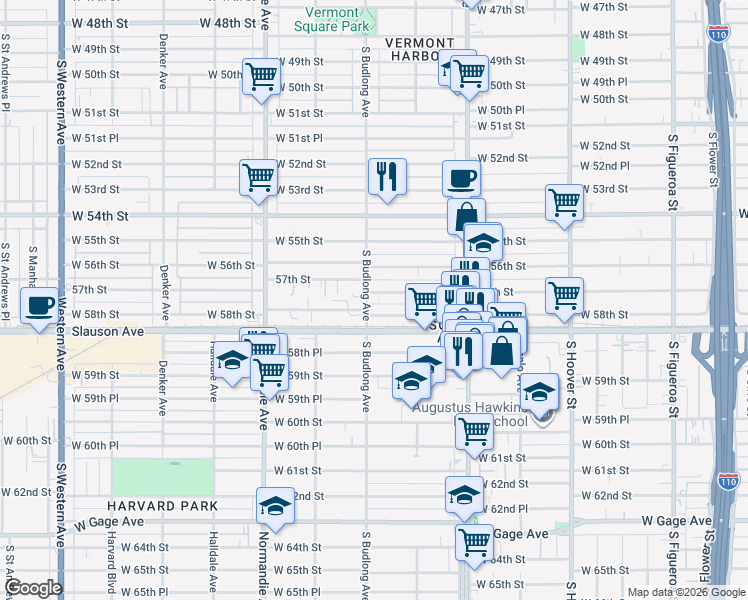 map of restaurants, bars, coffee shops, grocery stores, and more near 1154 57th Street in Los Angeles