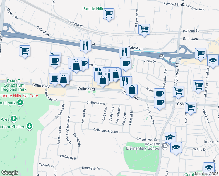 map of restaurants, bars, coffee shops, grocery stores, and more near 17837 Colima Road in City of Industry