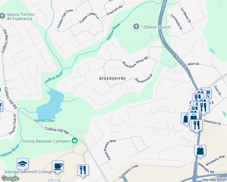 map of restaurants, bars, coffee shops, grocery stores, and more near 191 Shyrewood Drive in Lawrenceville